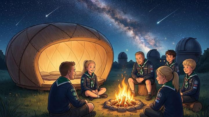 Spejdere om bål ved shelters